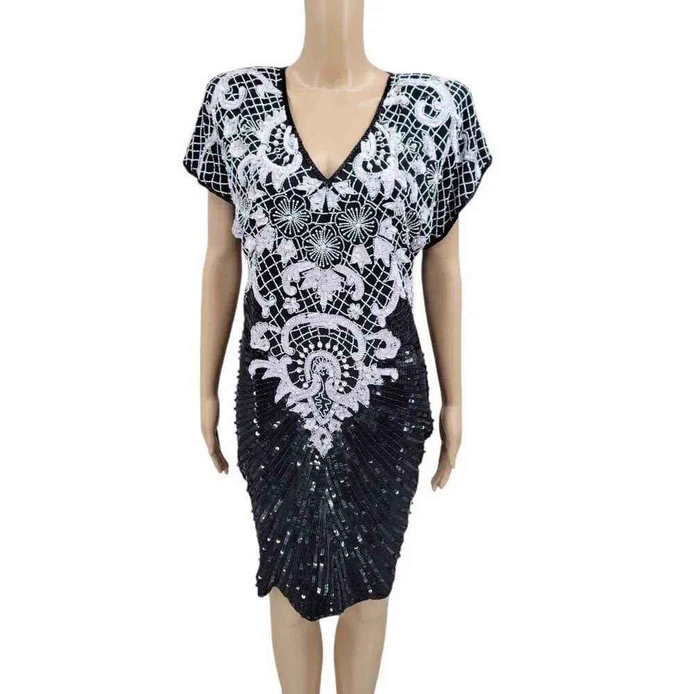 Stenay 80s Vintage Silk Sequin Beaded Cocktail Evening Dress Women's Size 12